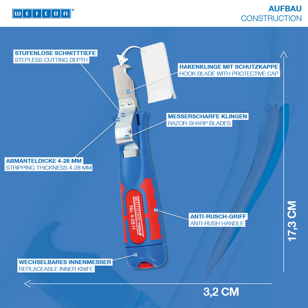Cable Stripper No. 4 - 28 H | with 2-component and fibreglass-reinforced plastic handle I with hook blade and protective cap I working range 4 - 28 mm Ø