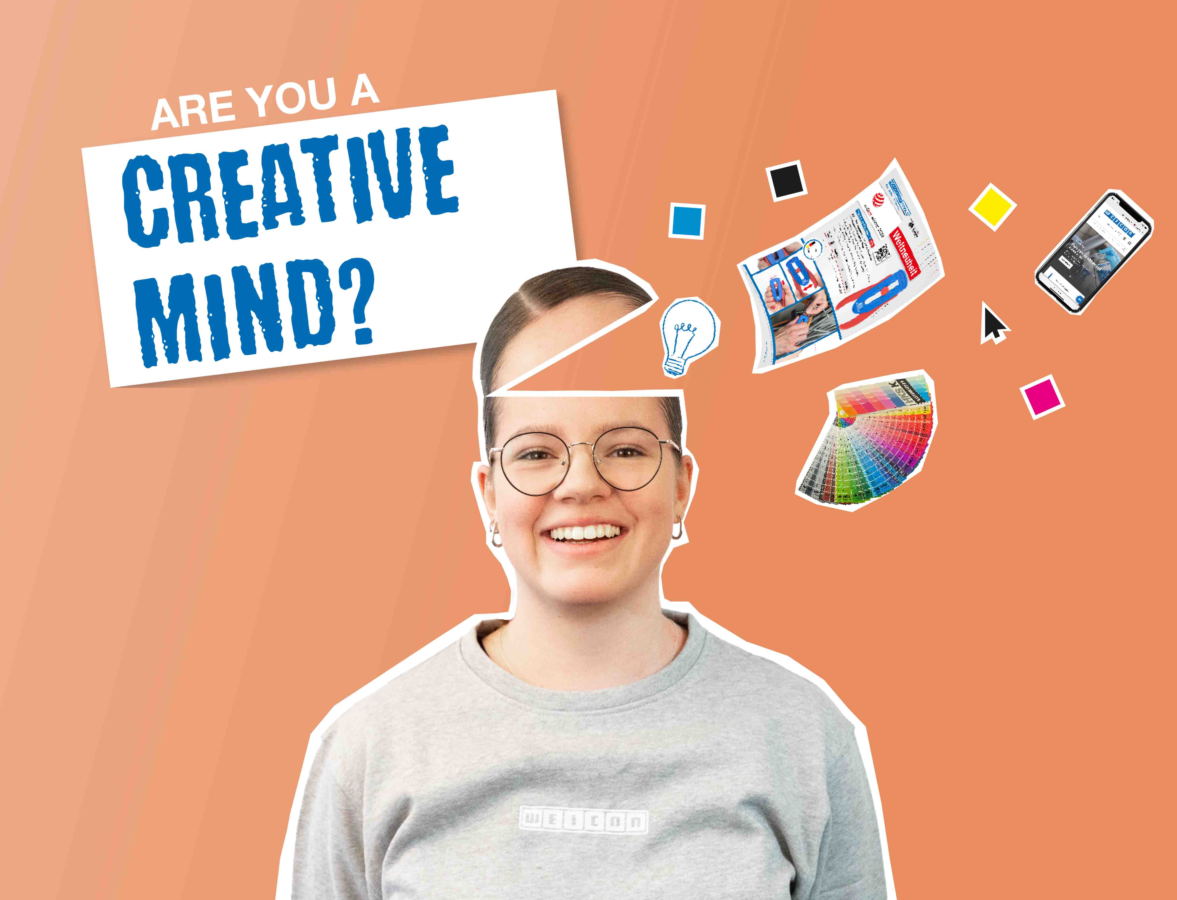 Young woman with an open head, from which colours, flyers and a mobile phone emerge