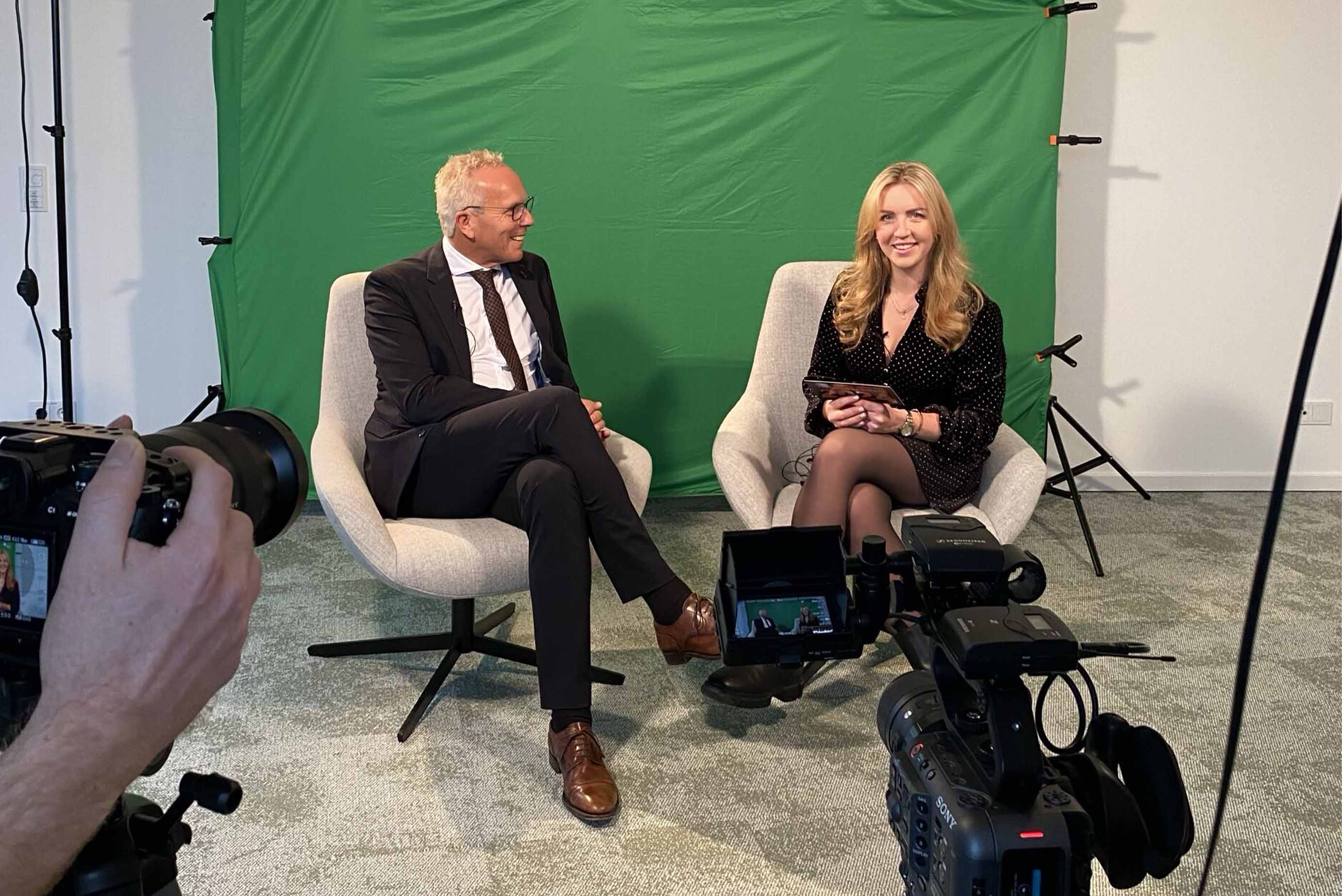 green screen, interview, studio, chairs, camera gear