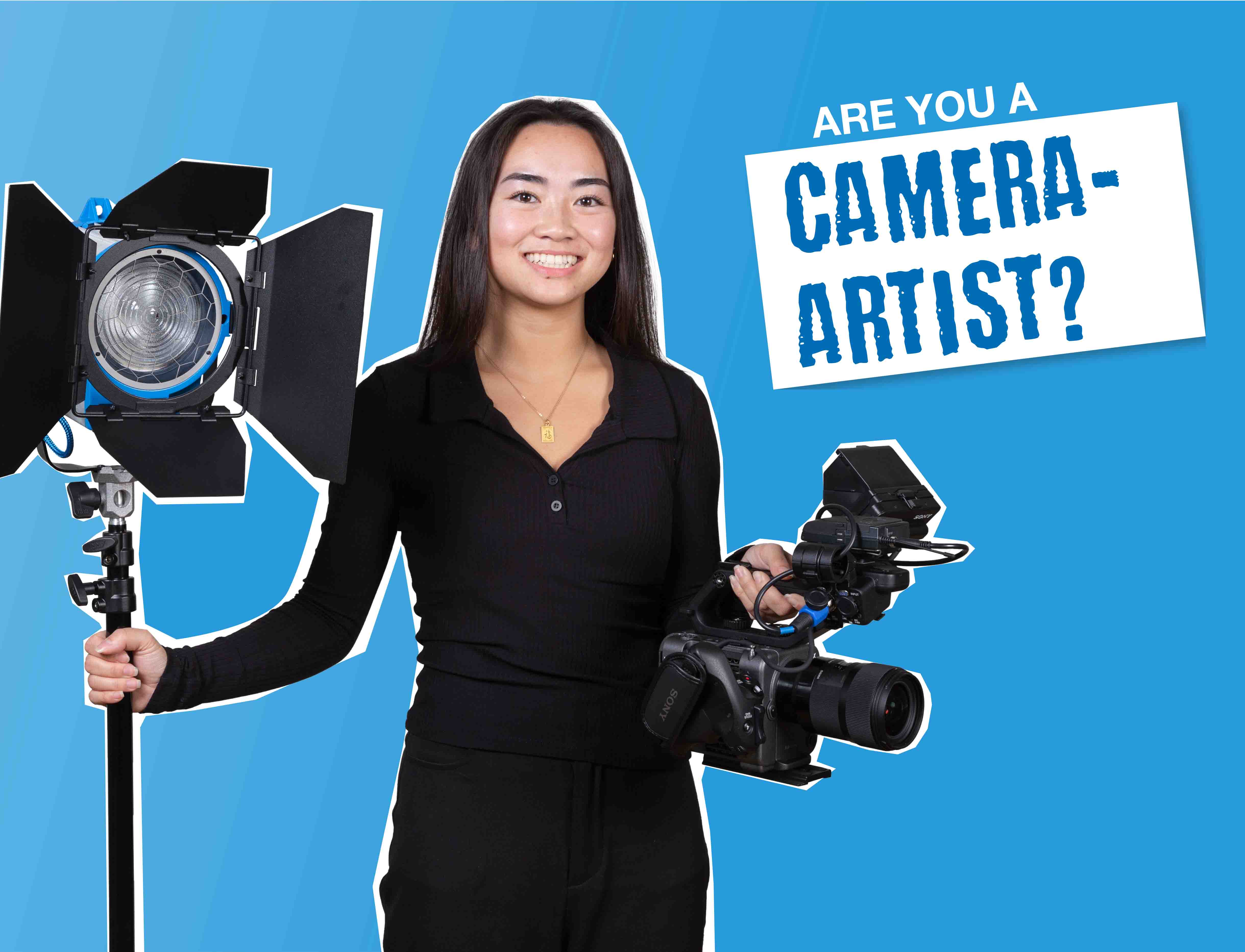 A young woman with a camera and light in her hand, accompanied by the text ‘Are you a camera artist?’