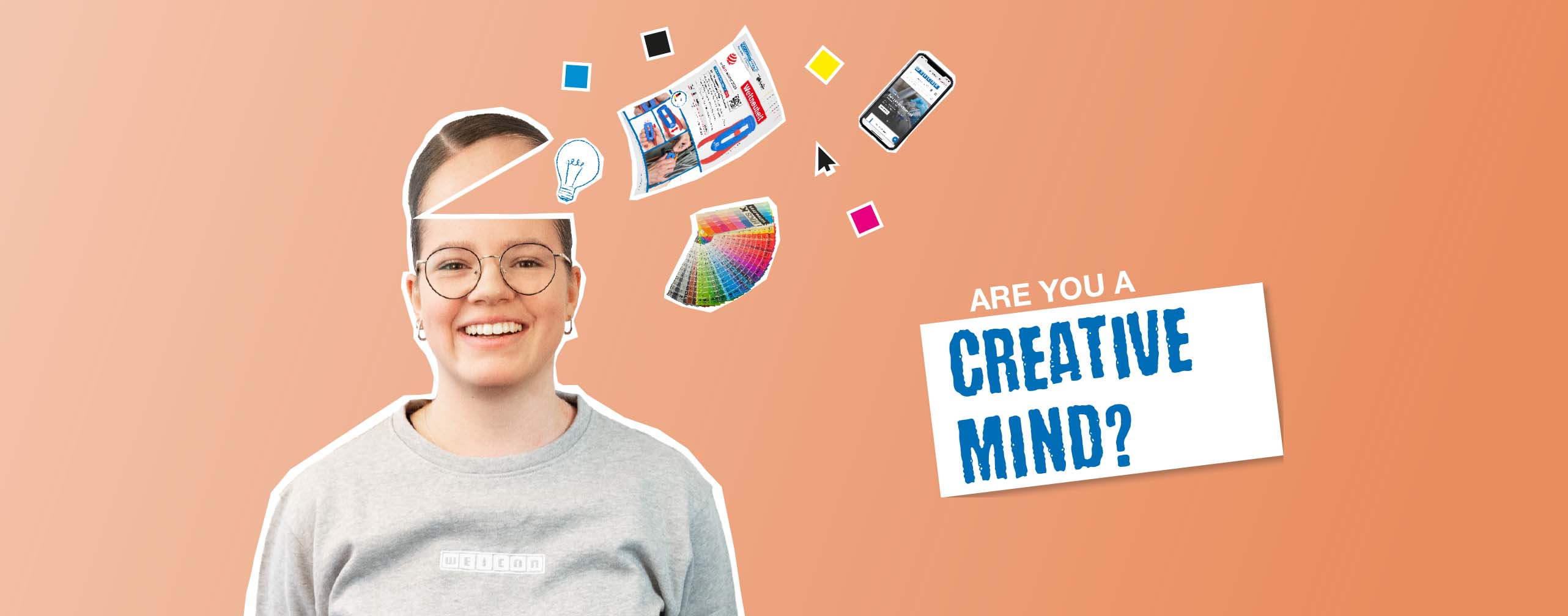 A smiling young woman thinking about colours.